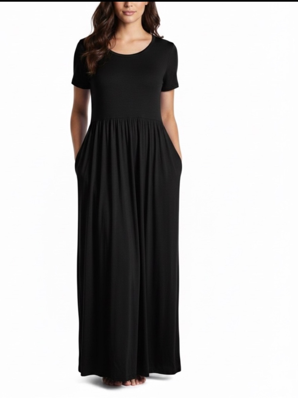 Black Short Sleeve Maxi Dress with Pockets Large Casual Elastic Waist